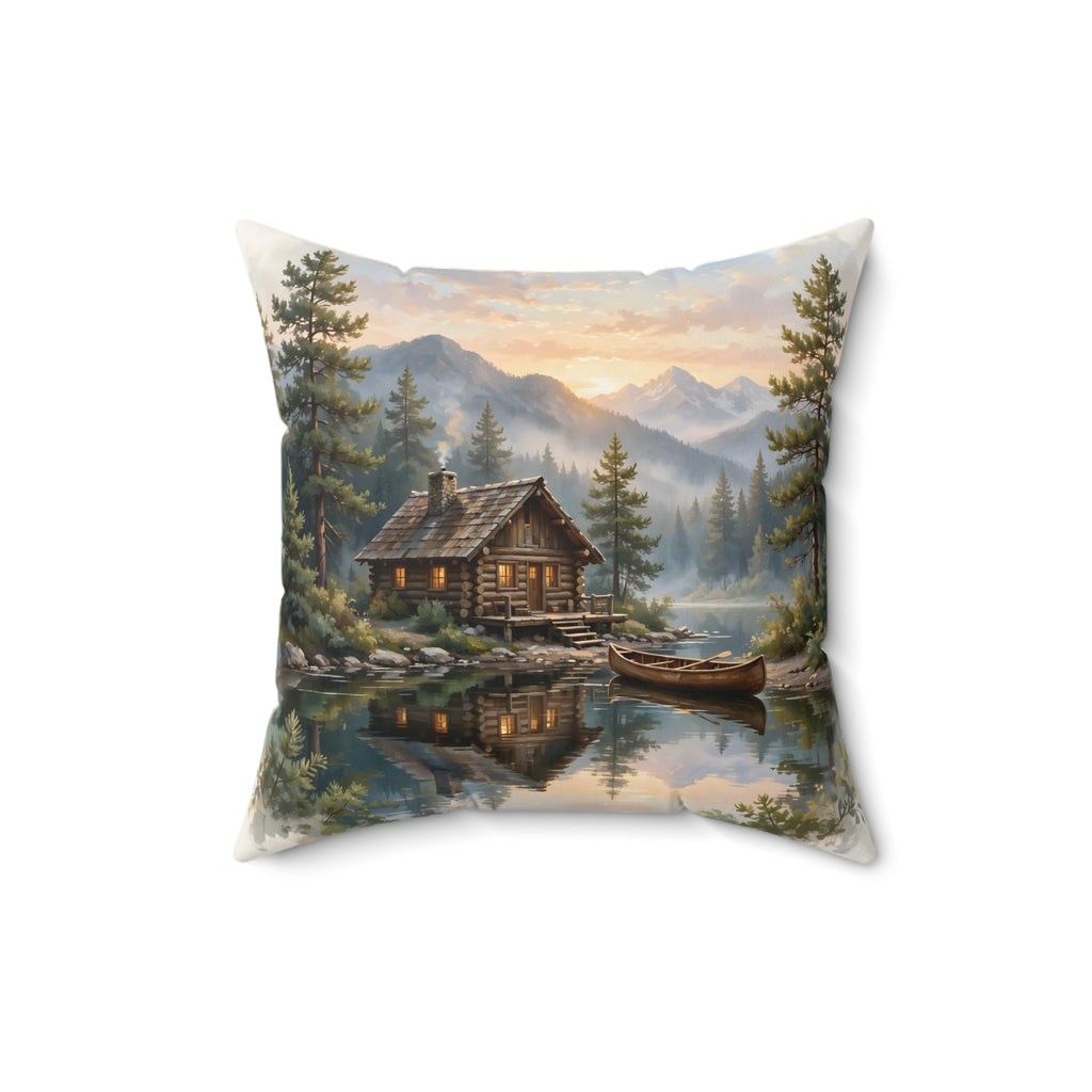 Mountain Cabin by the Lake Throw Pillow