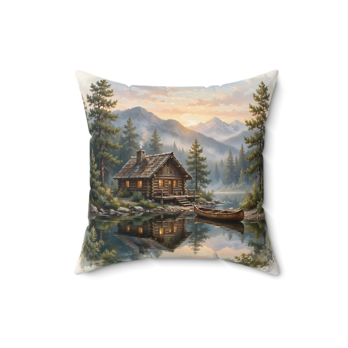 Mountain Cabin by the Lake Throw Pillow