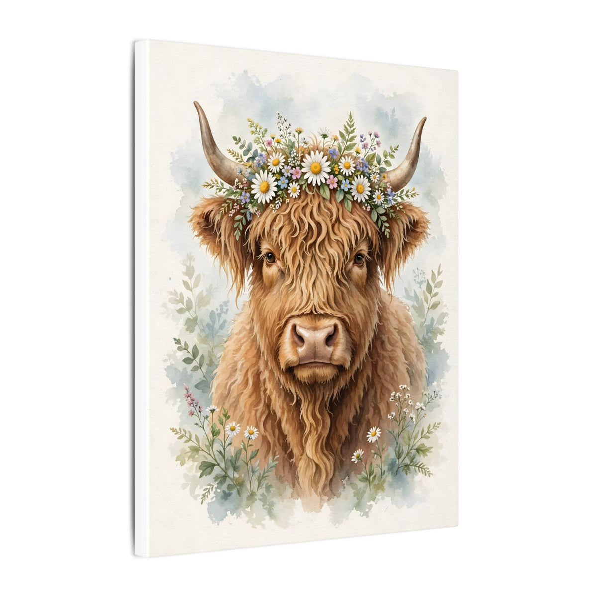 Highland Cow with Flower Crown Canvas Wall Art – Style 2