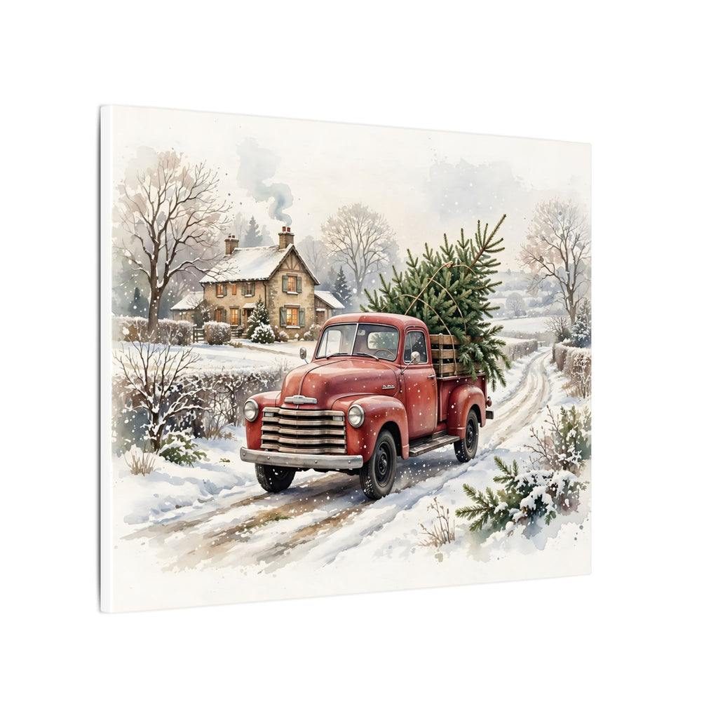 Vintage Red Truck with Christmas Tree Canvas Wall Art – Style 2