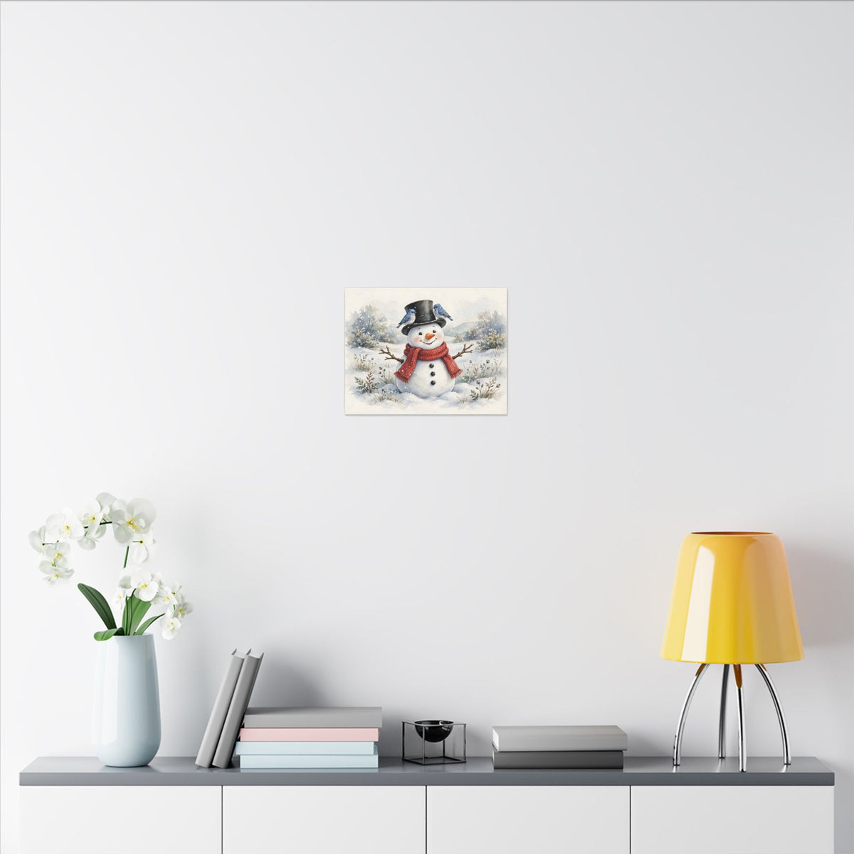 Winter Snowman and Bluebirds Canvas Wall Art