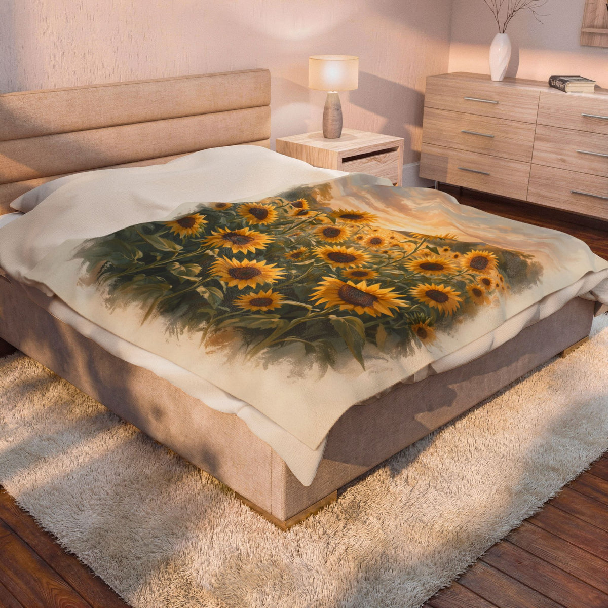 Sunflower Field at Sunset Velveteen Plush Blanket
