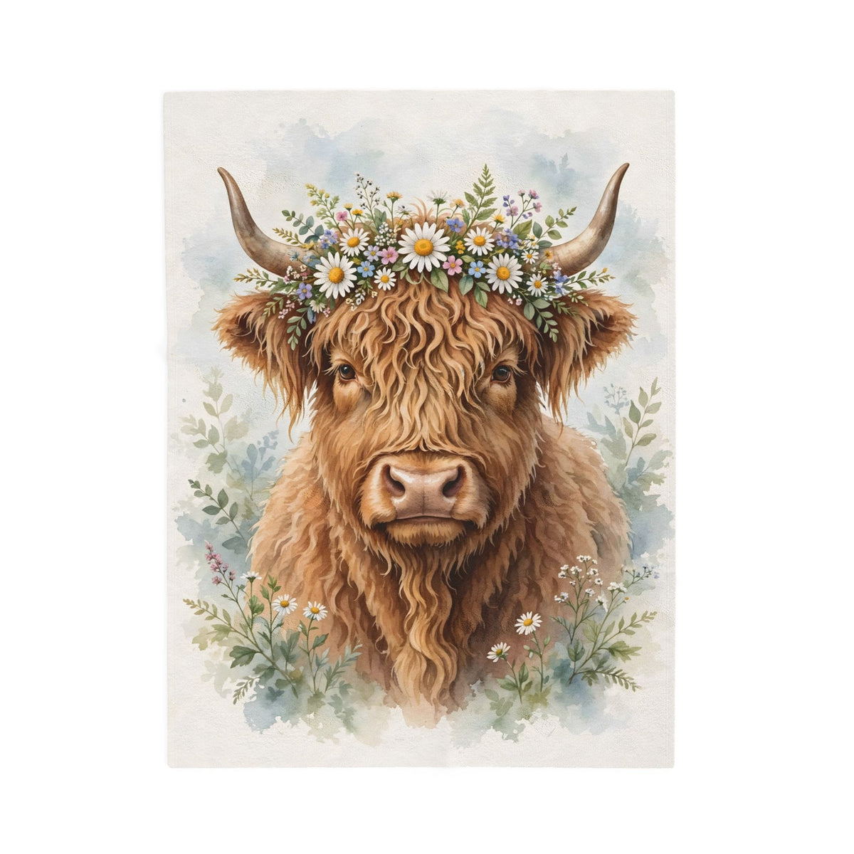 Highland Cow with Flower Crown Velveteen Plush Blanket – Style 2