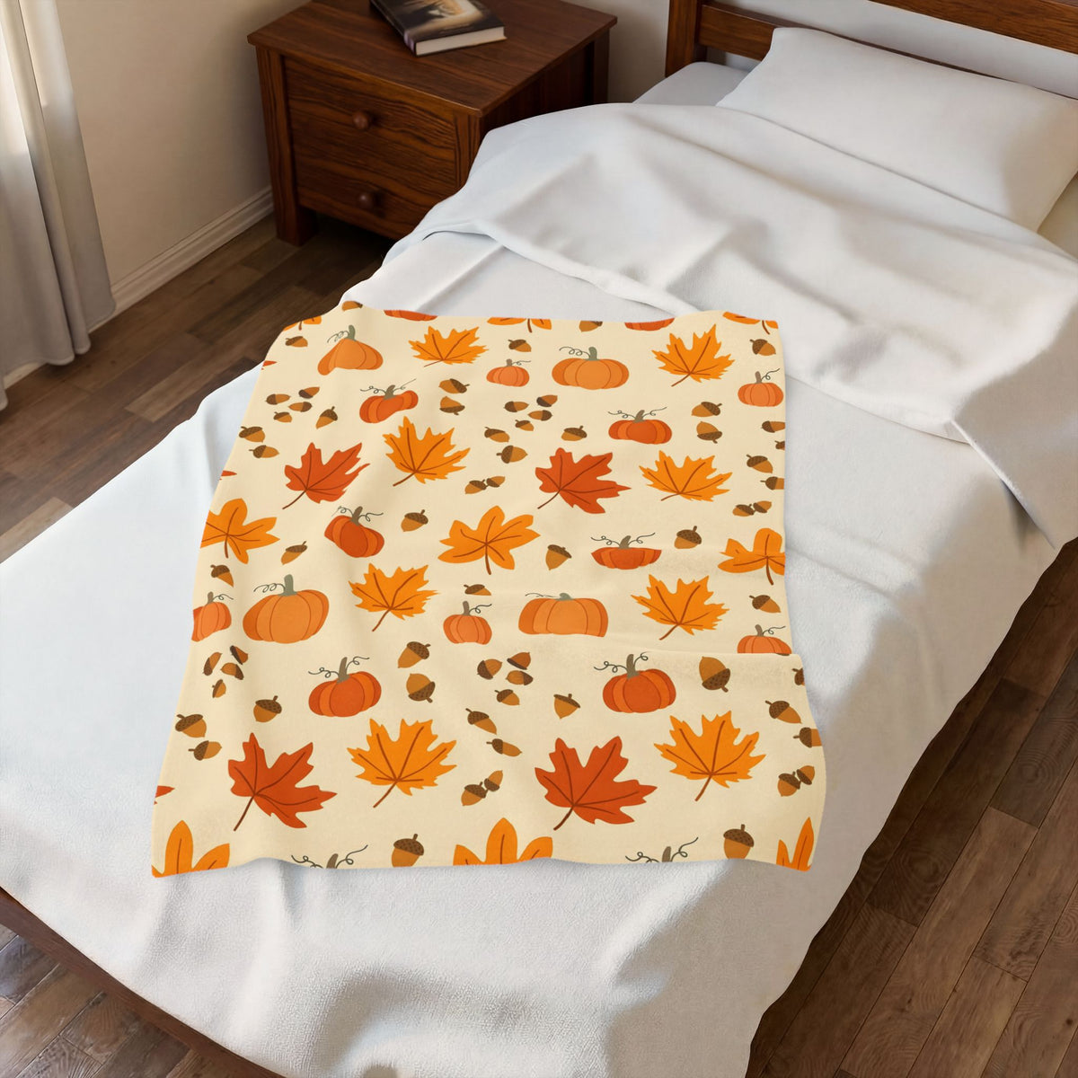 Autumn Leaves and Pumpkins Pattern Velveteen Plush Blanket
