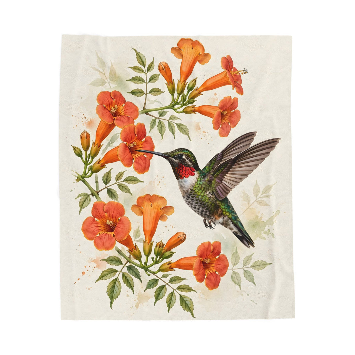 Hummingbird and Trumpet Flowers Velveteen Plush Blanket