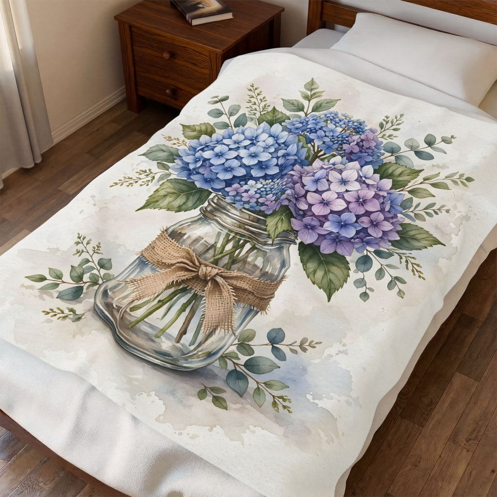 Blue Hydrangeas in a Mason Jar Velveteen Plush Blanket