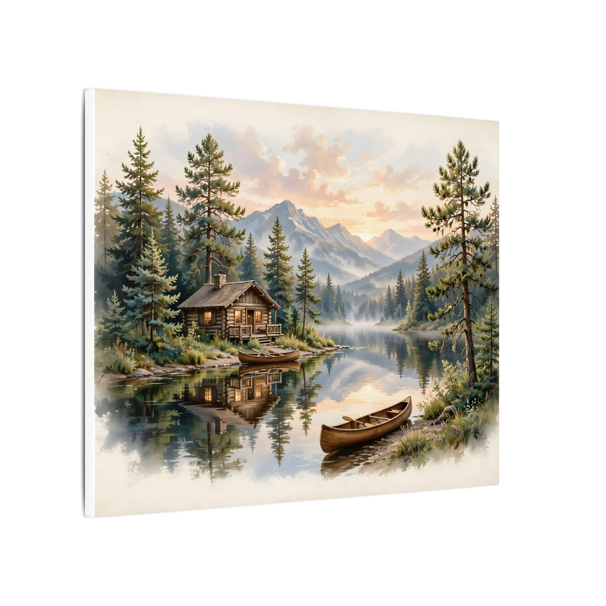 Mountain Cabin by the Lake Canvas Wall Art