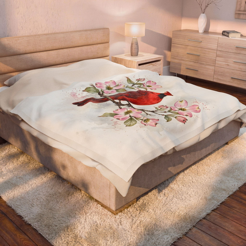 Cardinal on a Spring Branch Velveteen Plush Blanket