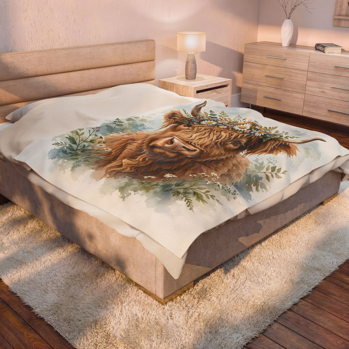 Highland Cow with Flower Crown Velveteen Plush Blanket – Style 2