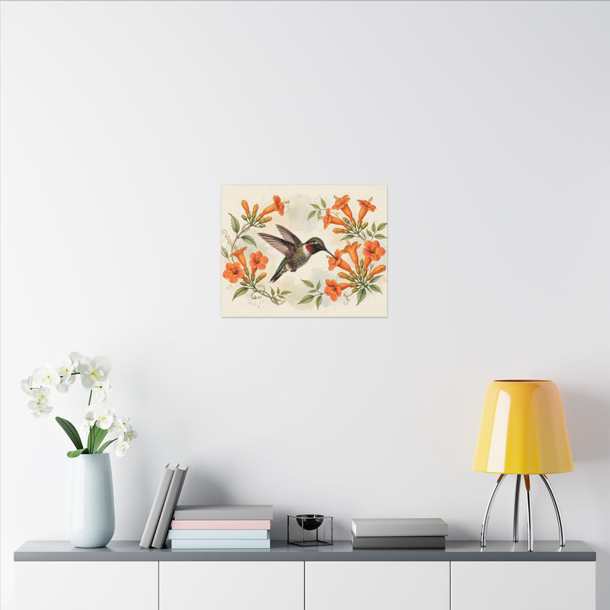 Hummingbird and Trumpet Flowers Canvas Wall Art