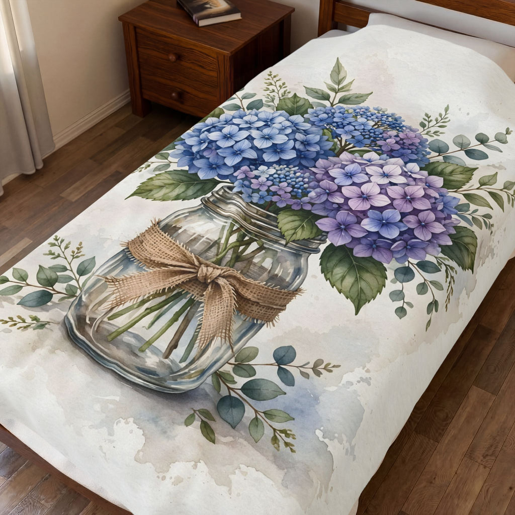 Blue Hydrangeas in a Mason Jar Velveteen Plush Blanket
