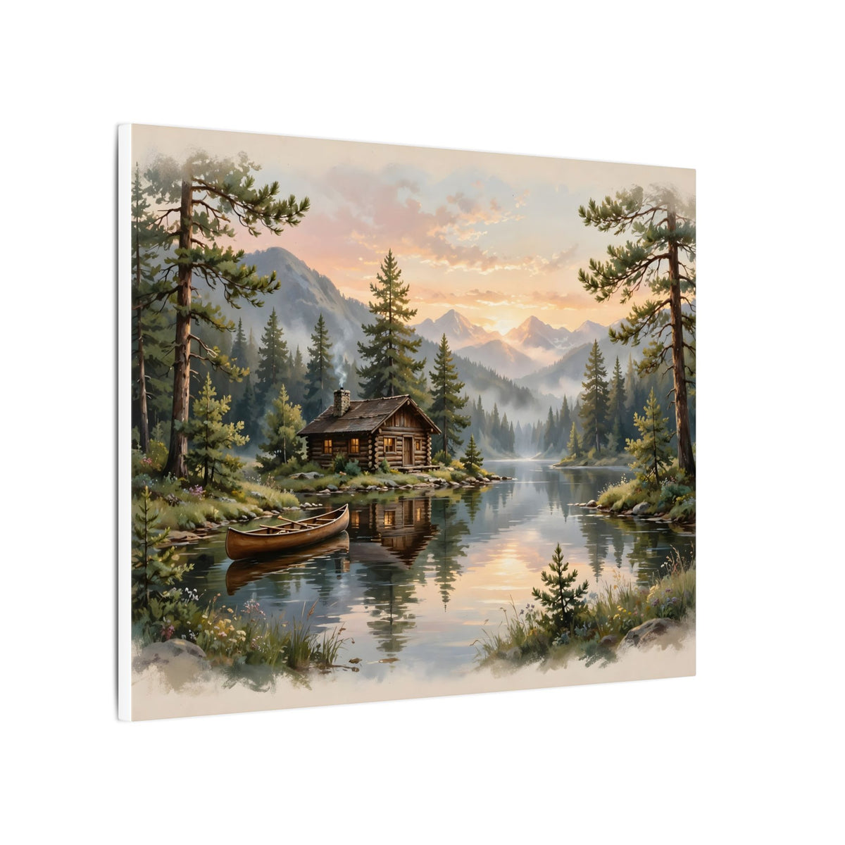 Mountain Cabin by the Lake Canvas Wall Art – Style 2