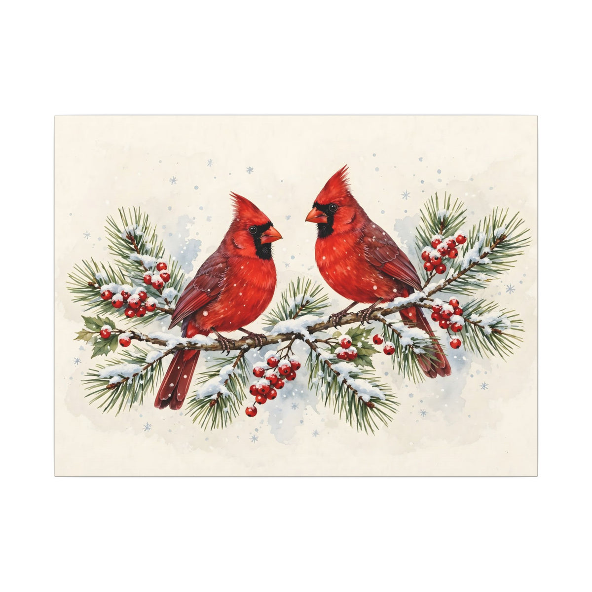 Cardinals on a Snowy Pine Branch Canvas Wall Art – Style 2