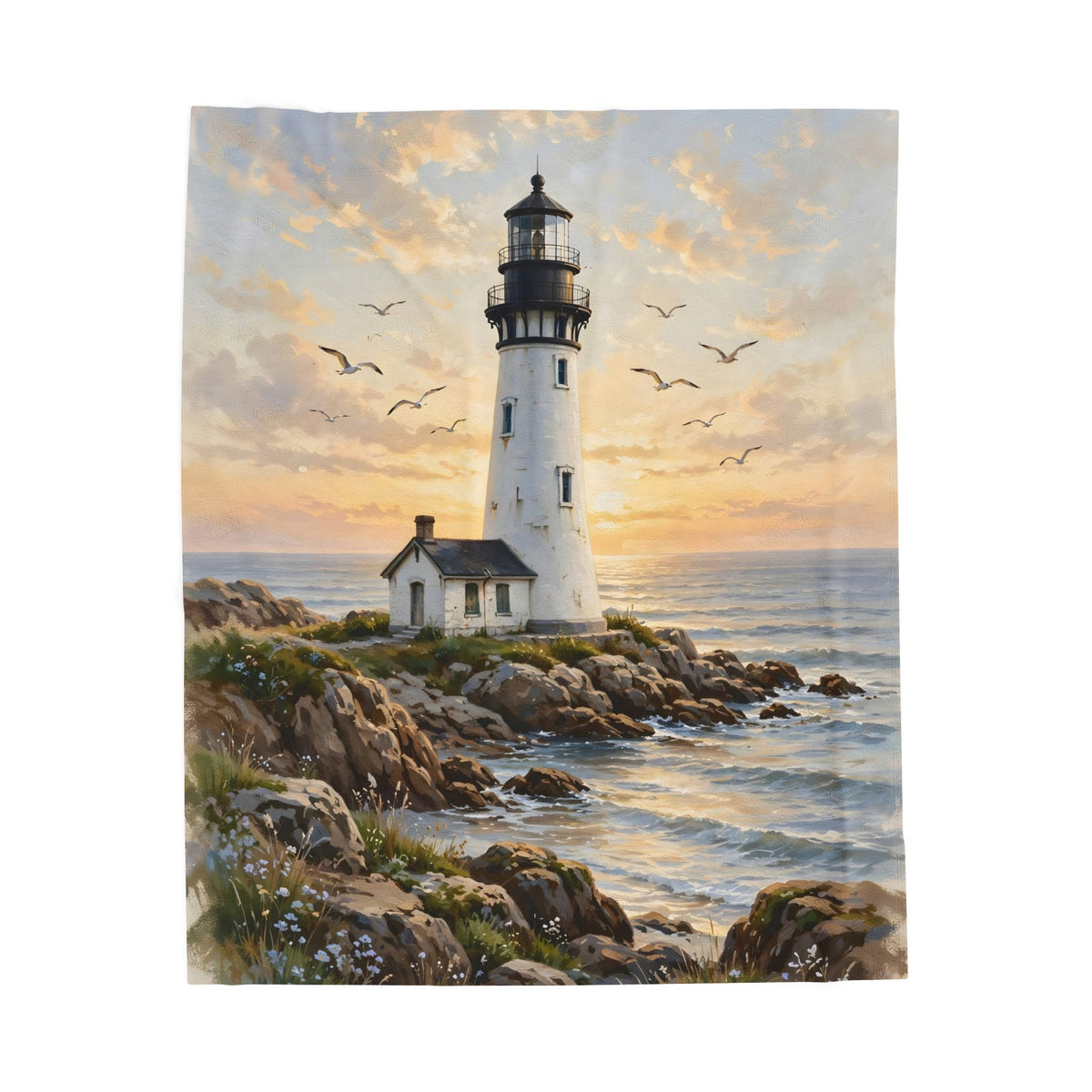 Lighthouse at Golden Hour Velveteen Plush Blanket