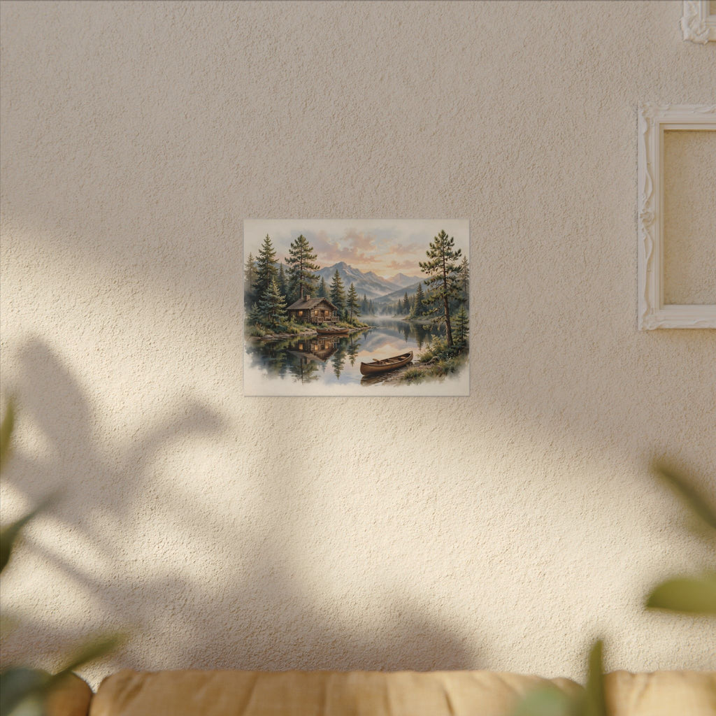 Mountain Cabin by the Lake Canvas Wall Art