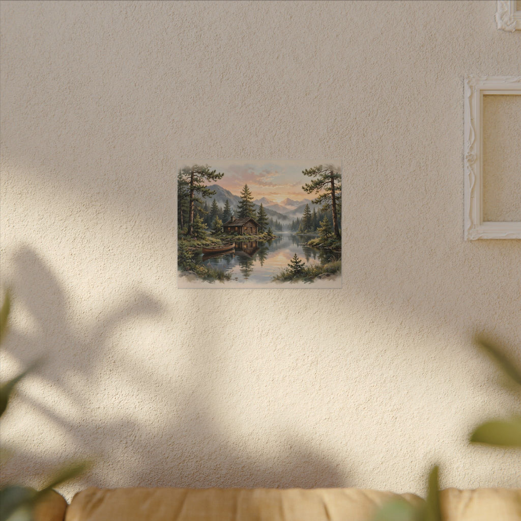 Mountain Cabin by the Lake Canvas Wall Art – Style 2