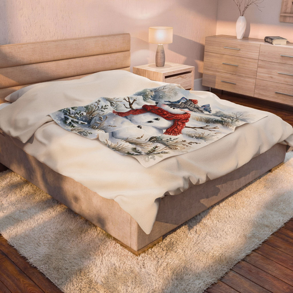 Winter Snowman and Bluebirds Velveteen Plush Blanket – Style 2