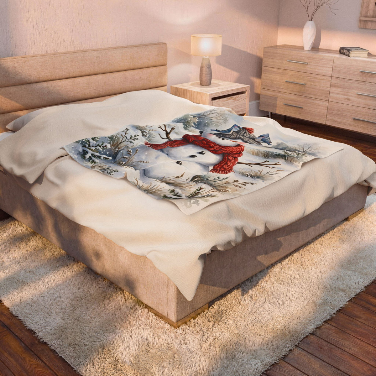 Winter Snowman and Bluebirds Velveteen Plush Blanket – Style 2
