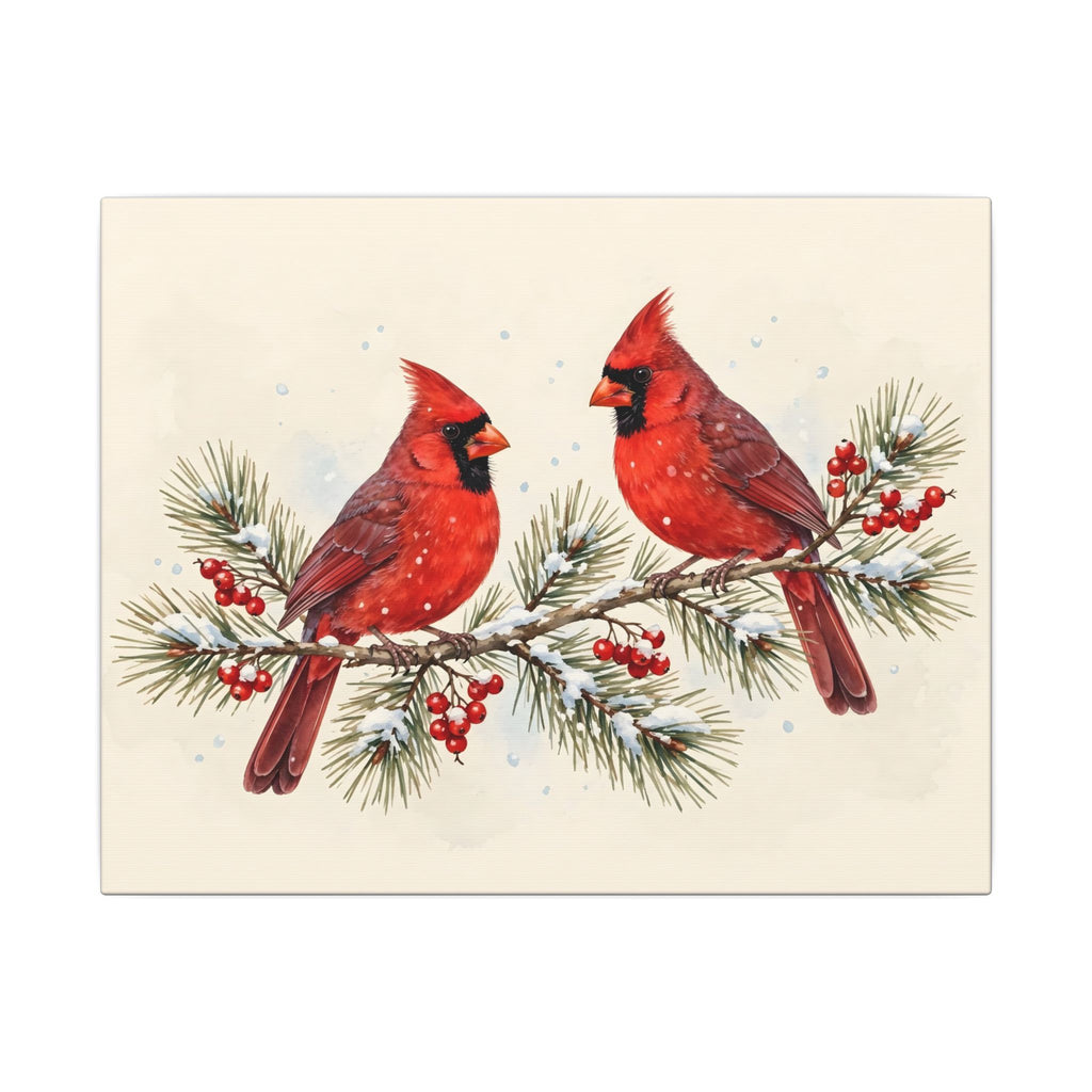 Cardinals on a Snowy Pine Branch Canvas Wall Art