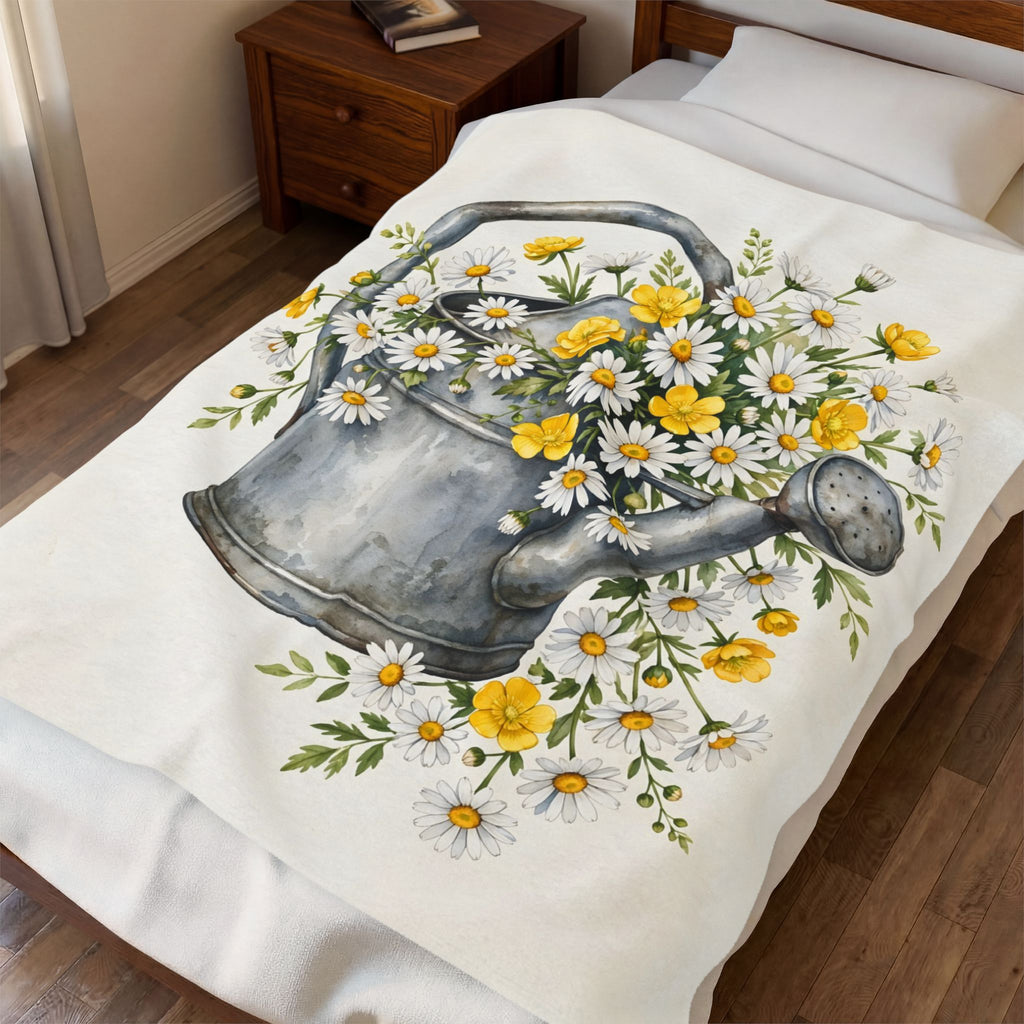 Daisies in a Watering Can Velveteen Plush Blanket