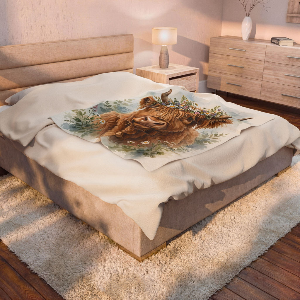 Highland Cow with Flower Crown Velveteen Plush Blanket – Style 2
