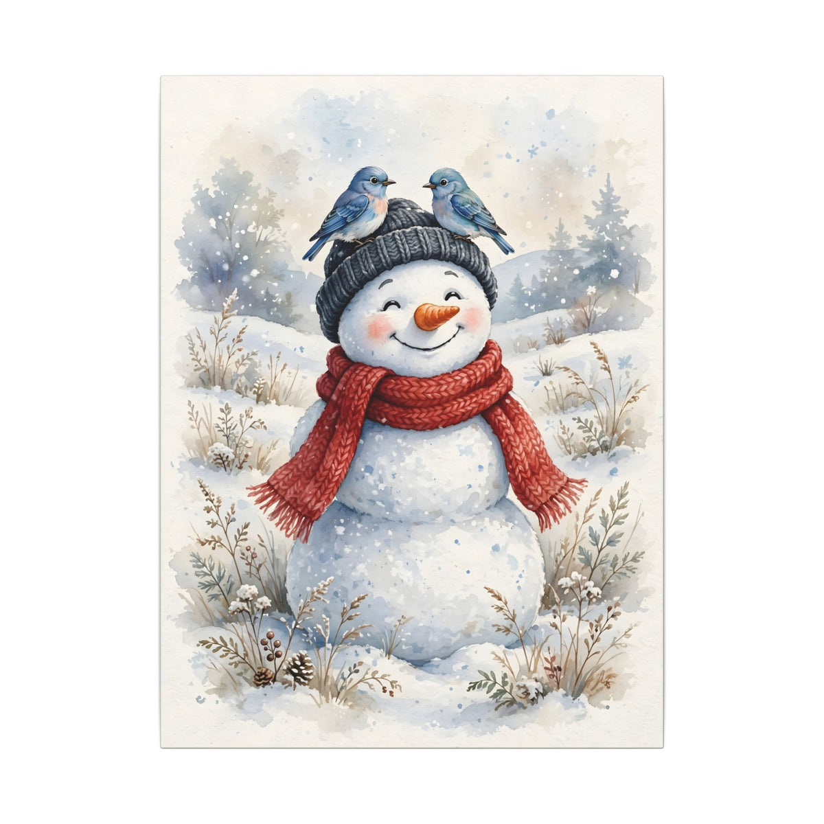 Winter Snowman and Bluebirds Canvas Wall Art – Style 2
