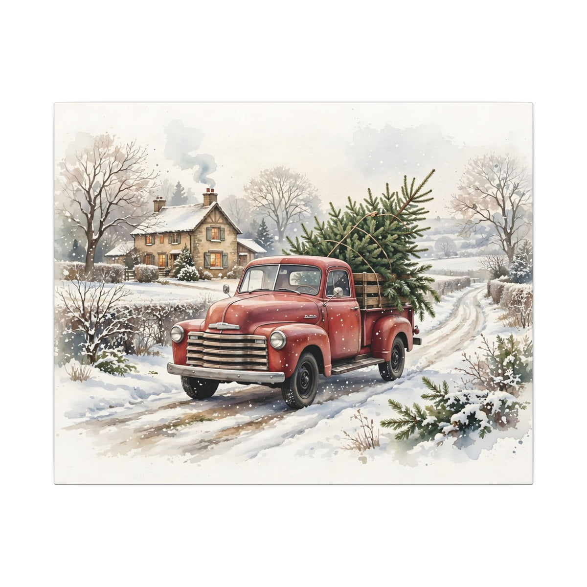 Vintage Red Truck with Christmas Tree Canvas Wall Art – Style 2