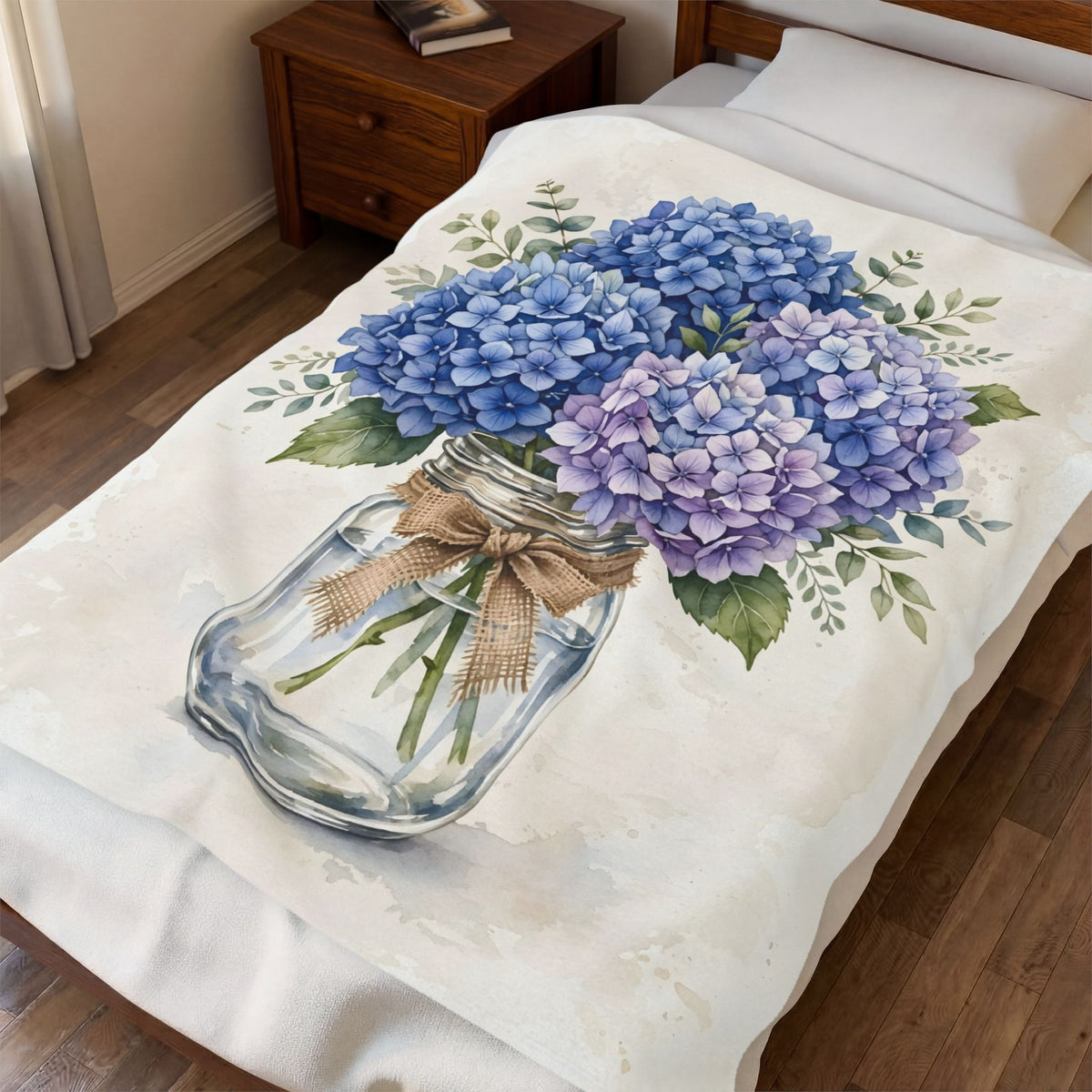 Blue Hydrangeas in a Mason Jar Velveteen Plush Blanket – Style 2