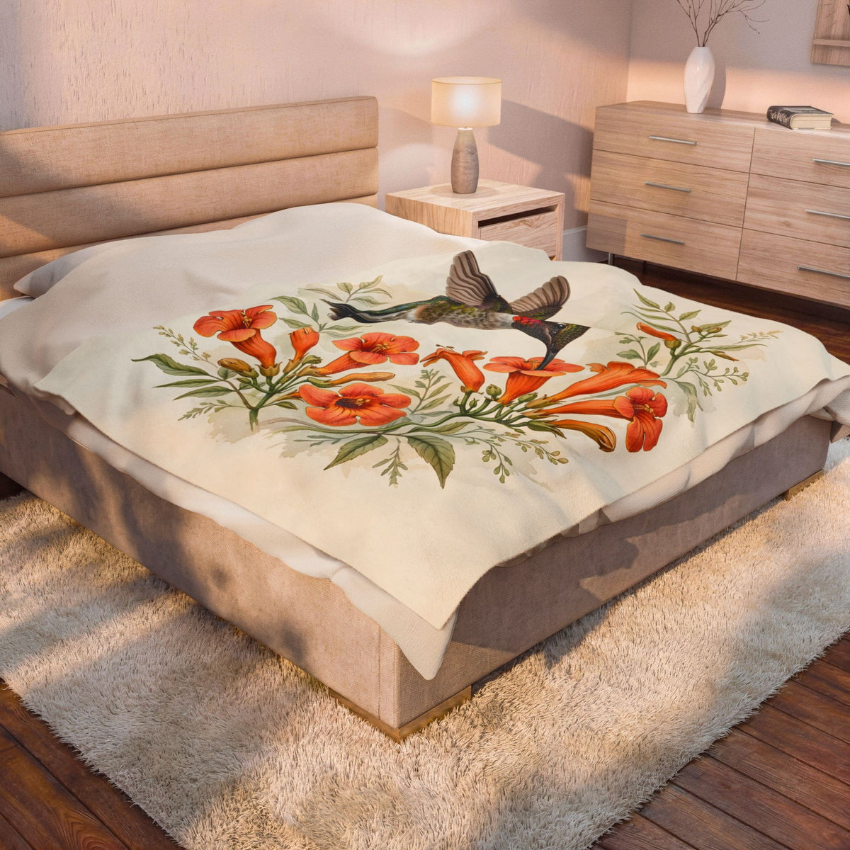 Hummingbird and Trumpet Flowers Velveteen Plush Blanket – Style 2