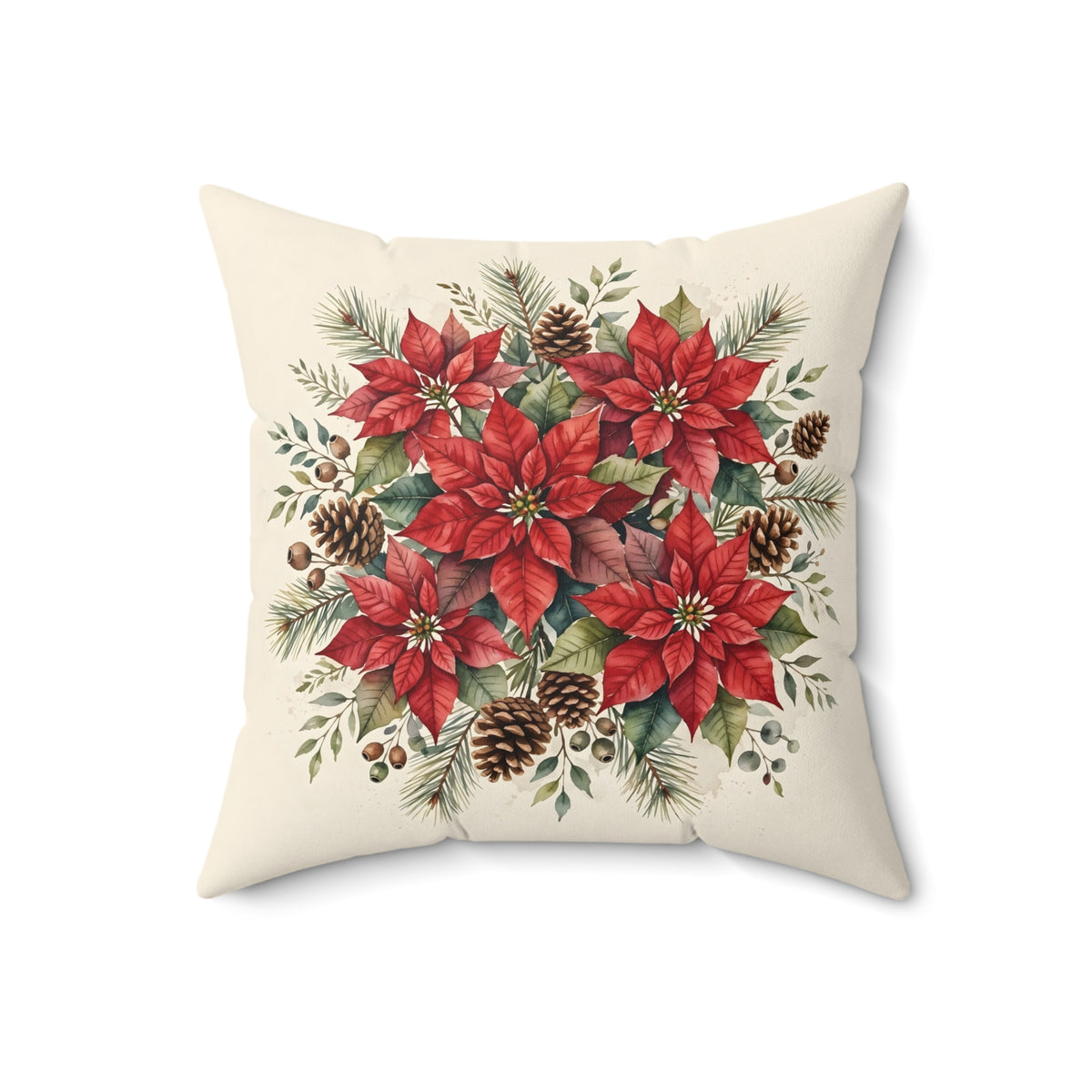 Poinsettia Watercolor Bouquet Throw Pillow