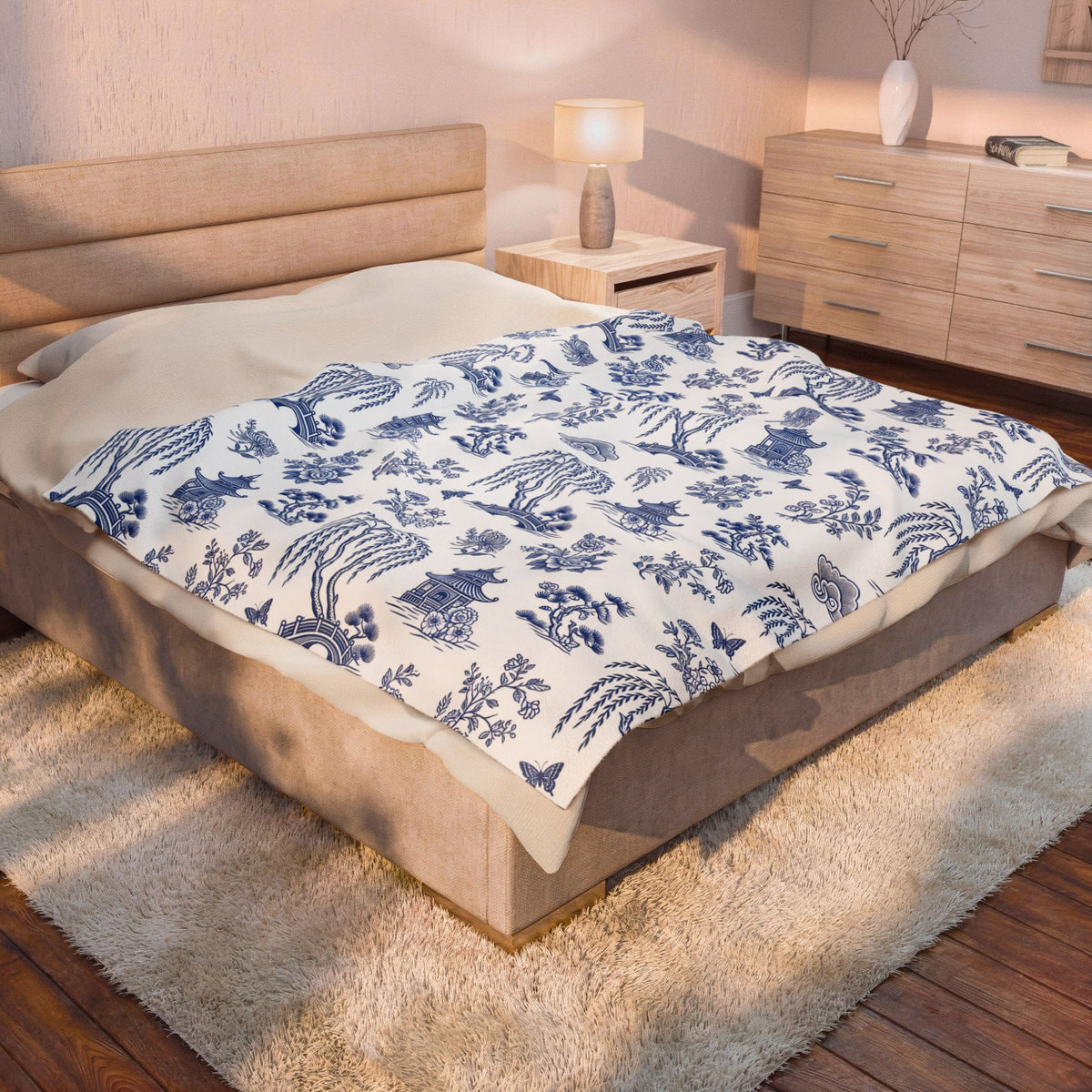 Blue Willow China Pattern Velveteen Plush Blanket – Style 2