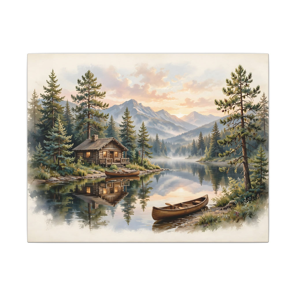 Mountain Cabin by the Lake Canvas Wall Art