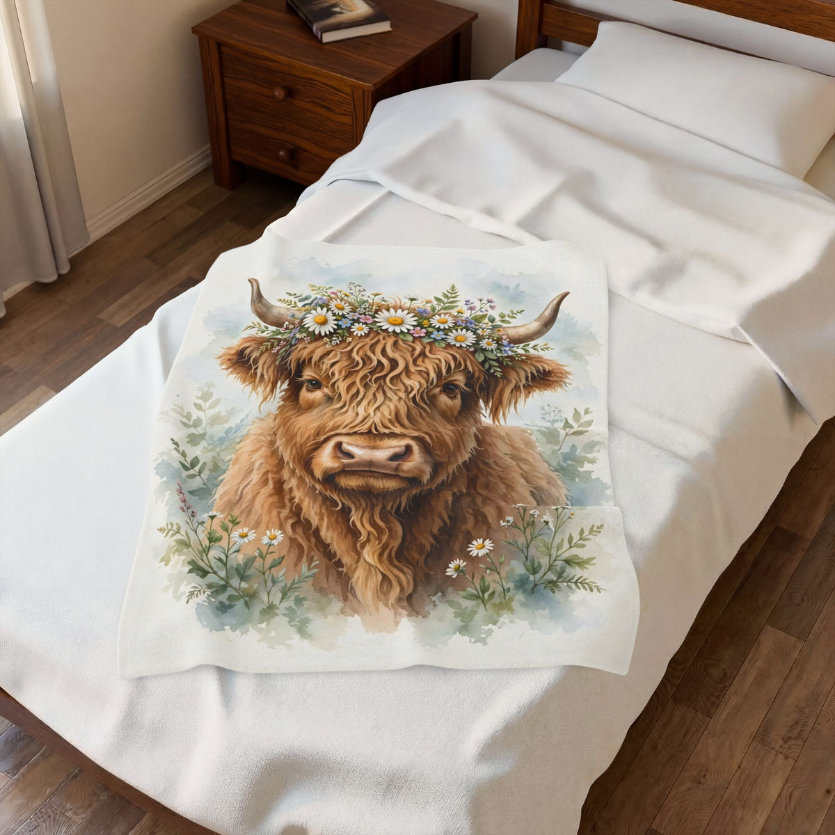 Highland Cow with Flower Crown Velveteen Plush Blanket – Style 2