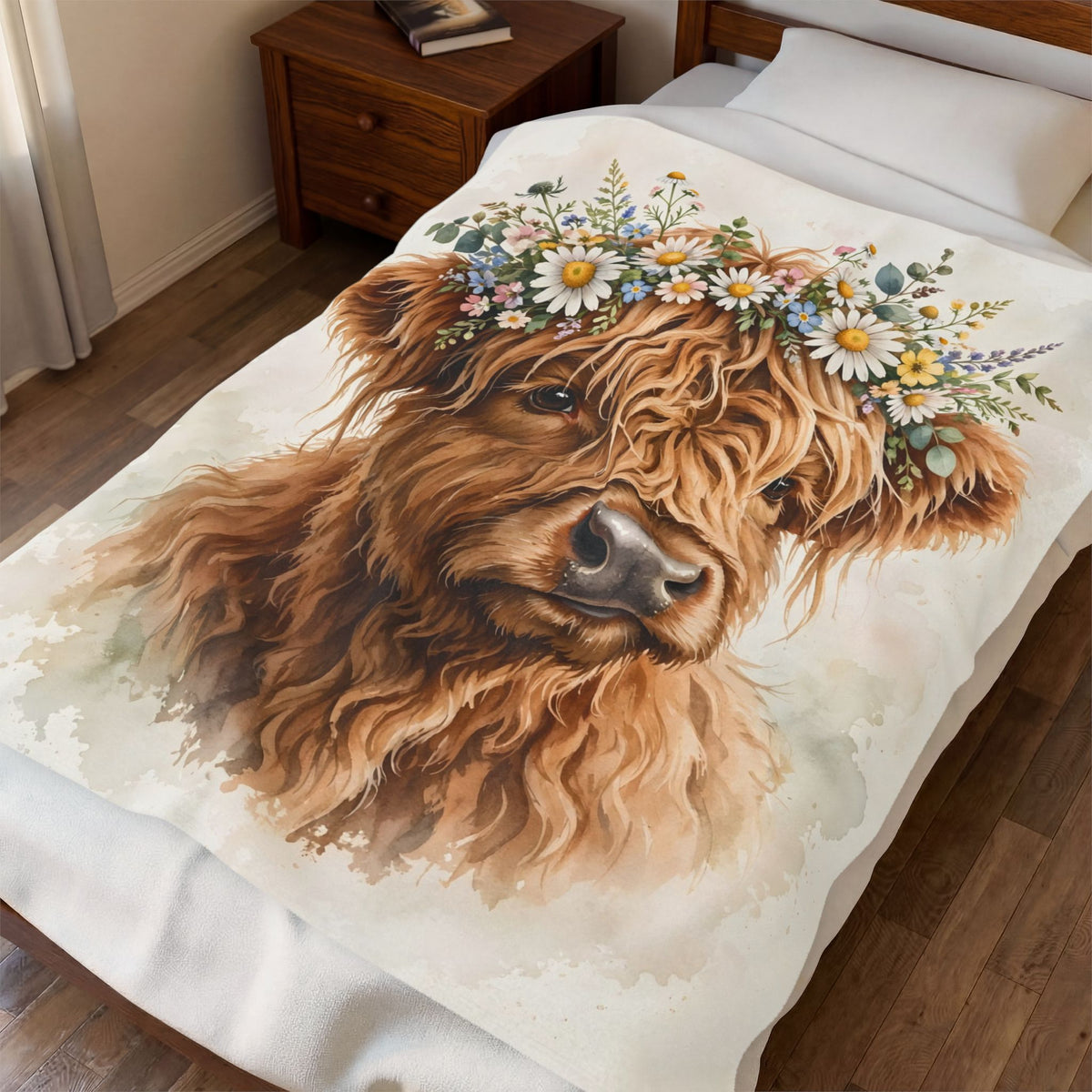 Highland Cow with Flower Crown Velveteen Plush Blanket