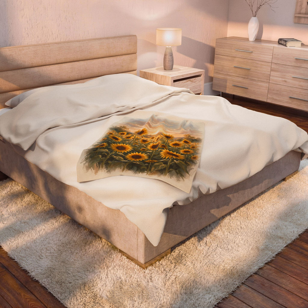 Sunflower Field at Sunset Velveteen Plush Blanket