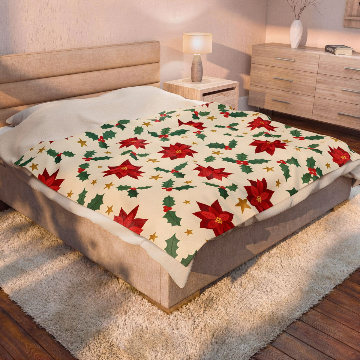Christmas Poinsettia Pattern Velveteen Plush Blanket – Style 2