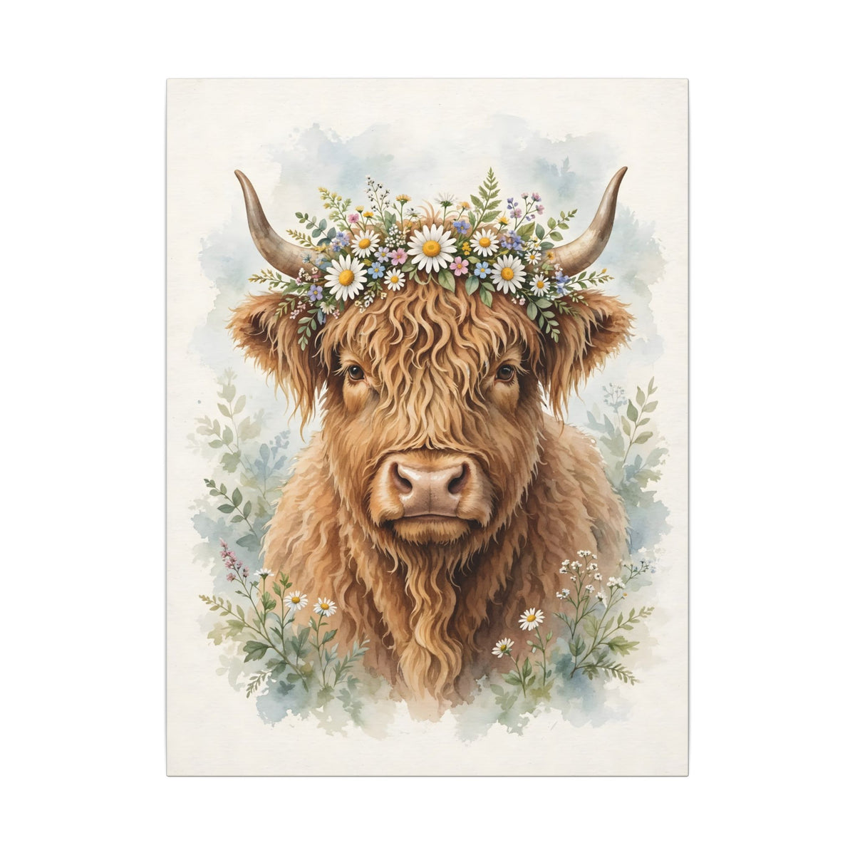 Highland Cow with Flower Crown Canvas Wall Art – Style 2
