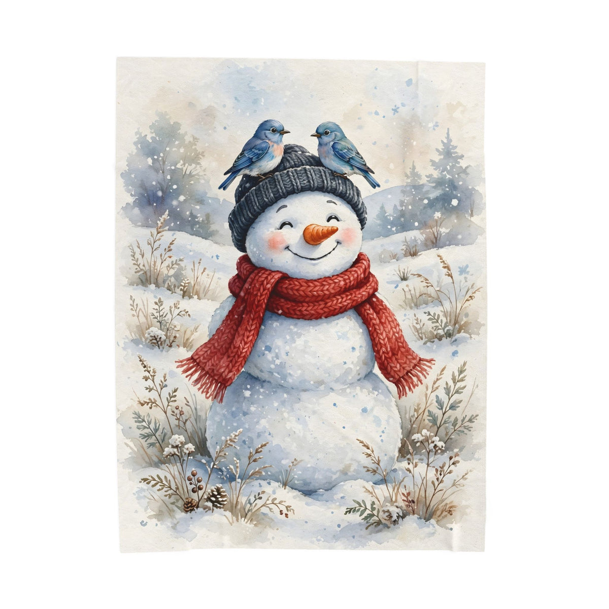 Winter Snowman and Bluebirds Velveteen Plush Blanket