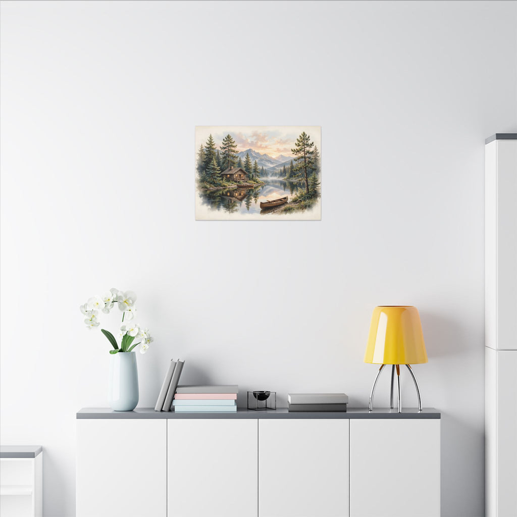 Mountain Cabin by the Lake Canvas Wall Art