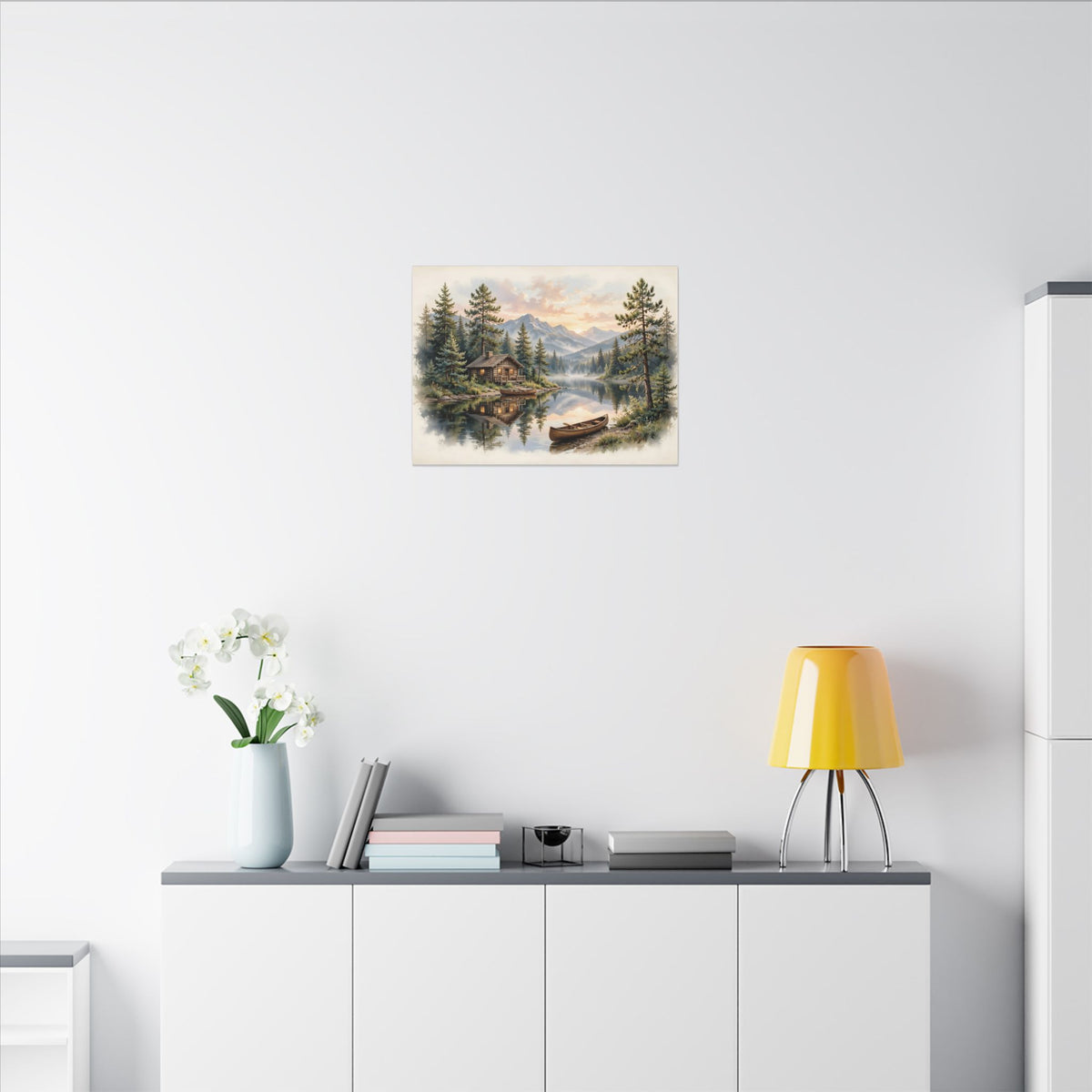 Mountain Cabin by the Lake Canvas Wall Art