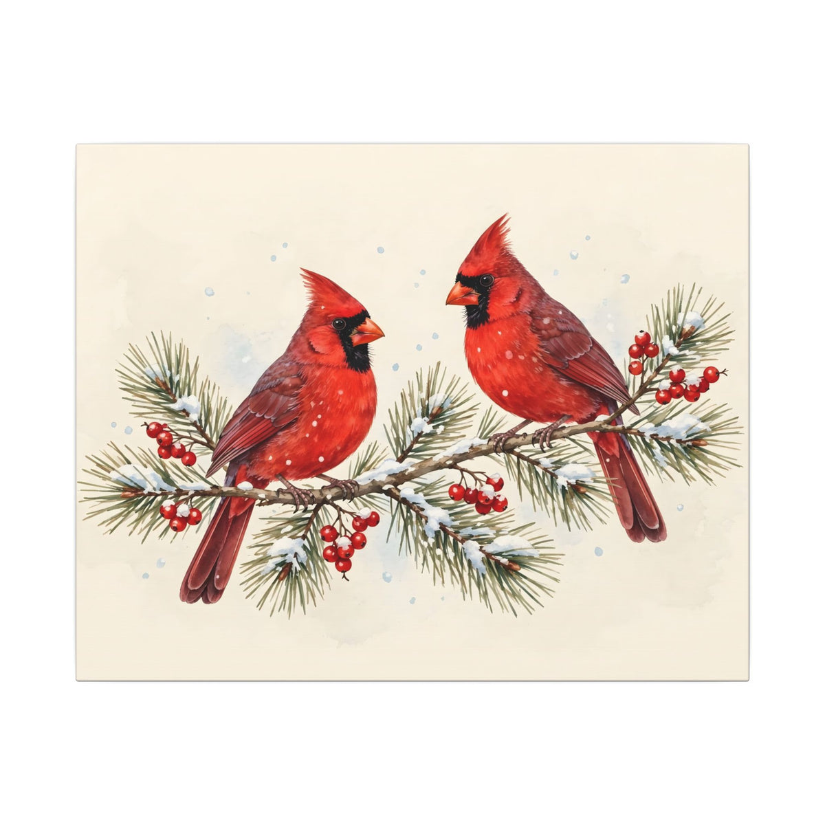 Cardinals on a Snowy Pine Branch Canvas Wall Art