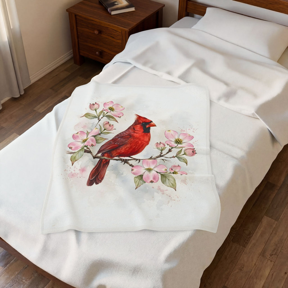 Cardinal on a Spring Branch Velveteen Plush Blanket