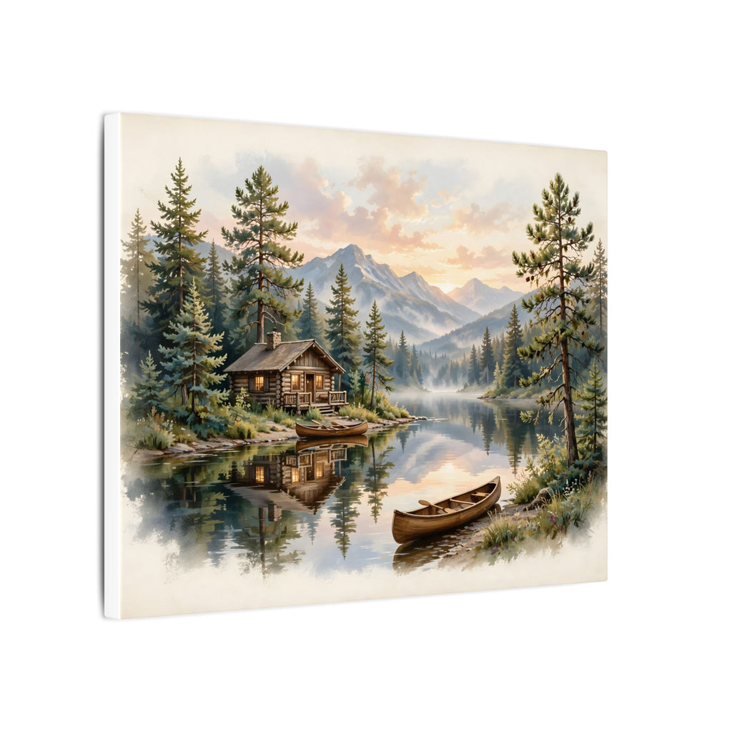 Mountain Cabin by the Lake Canvas Wall Art