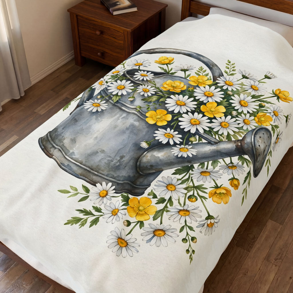 Daisies in a Watering Can Velveteen Plush Blanket