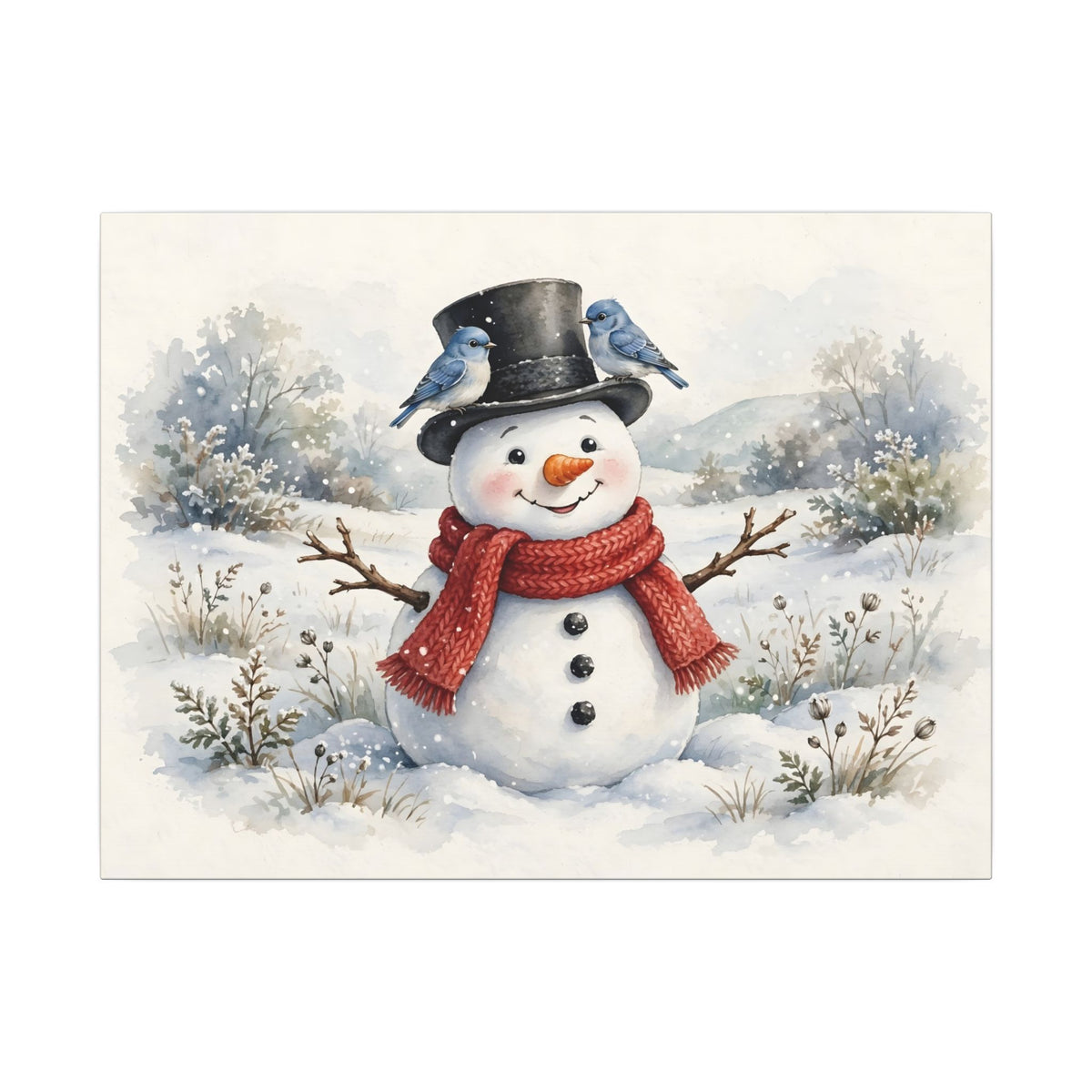 Winter Snowman and Bluebirds Canvas Wall Art