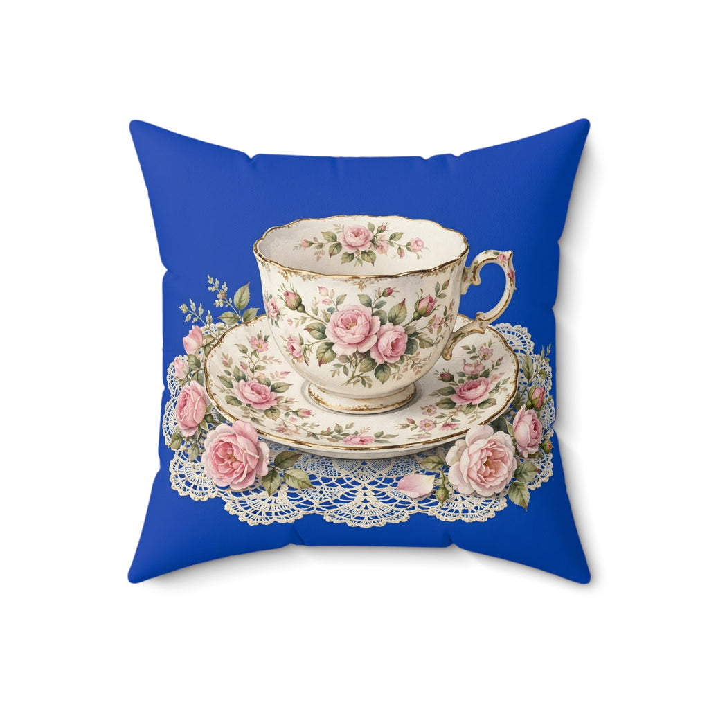 Roses and Vintage Teacup Throw Pillow