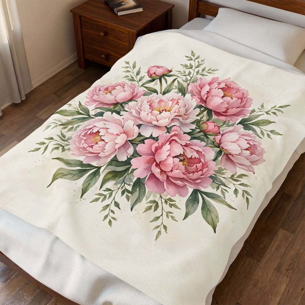 Pink Peonies Watercolor Velveteen Plush Blanket