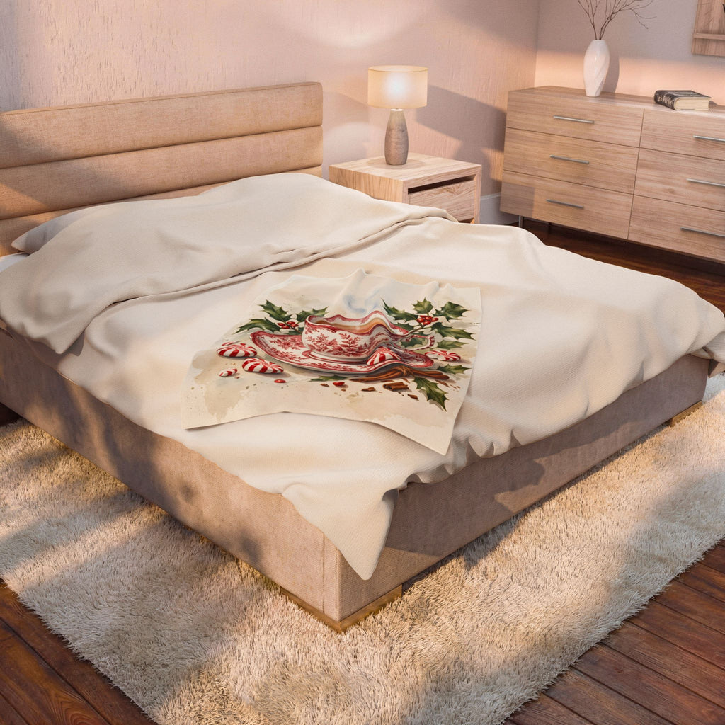 Christmas Teacup with Peppermints Velveteen Plush Blanket
