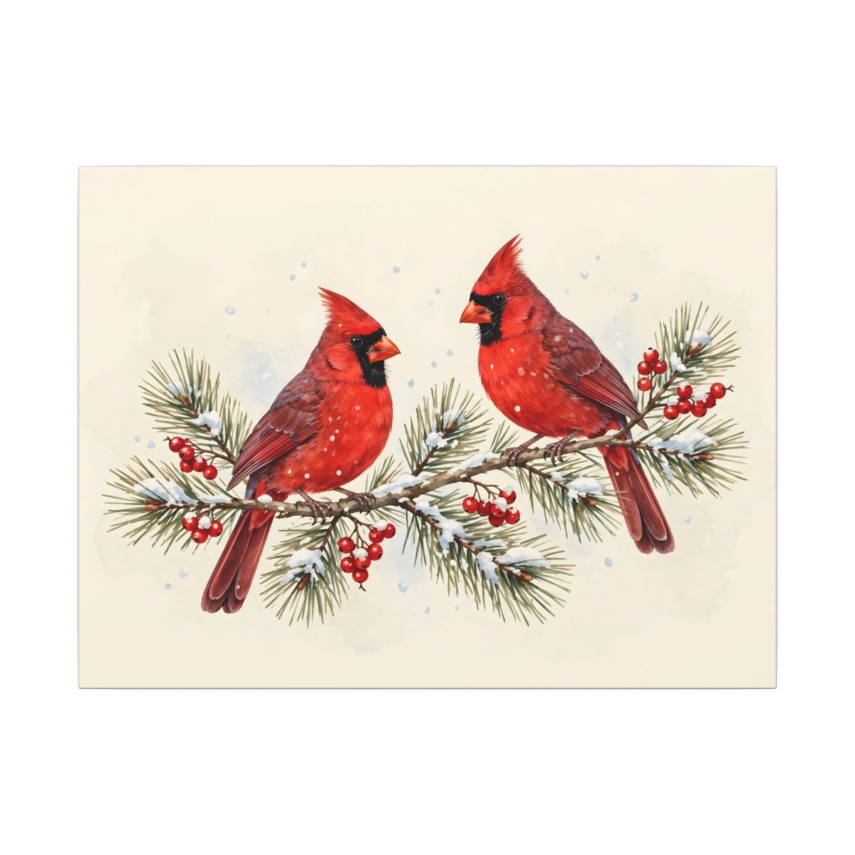 Cardinals on a Snowy Pine Branch Canvas Wall Art
