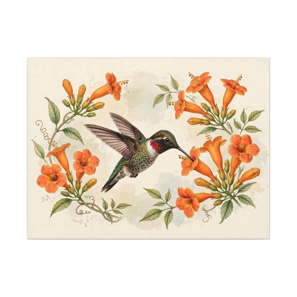 Hummingbird and Trumpet Flowers Canvas Wall Art